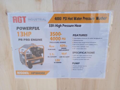 Unused AGT 4000 PSI Hot Water Pressure Washer