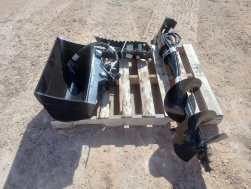 Unused Lanty Mini Excavator Attachments, Root Rake, Bucket Clamp, Post Hole Auger, Ripper Tooth