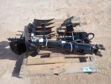 Unused Lanty Mini Excavator Attachments, Root Rake, Bucket Clamp, Post Hole Auger, Ripper Tooth