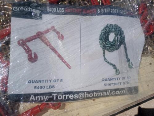 (5) Unused Greatbear Ratchet Binders and (10) 5/16'' 20ft Chains
