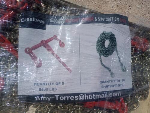 (5) Unused Greatbear Ratchet Binders and (10) 5/16'' 20ft Chains