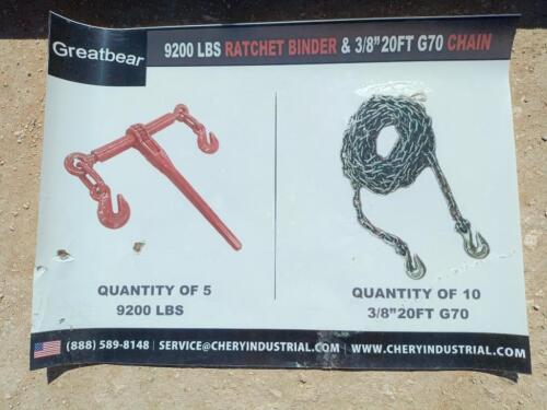 (5) Unused Greatbear Ratchet Binders and (10) 3/8'' 20ft Chains