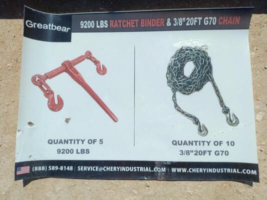 (5) Unused Greatbear Ratchet Binders and (10) 3/8'' 20ft Chains