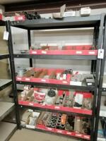 Metal Shelf with Miscellaneous Truck Parts, Oil Drain Valves, Seals