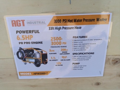 Unused 2024 AGT HPW3000-1 Hot Water Pressure Washer