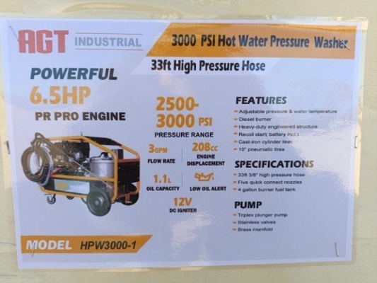 Unused 2024 AGT HPW3000-1 Hot Water Pressure Washer