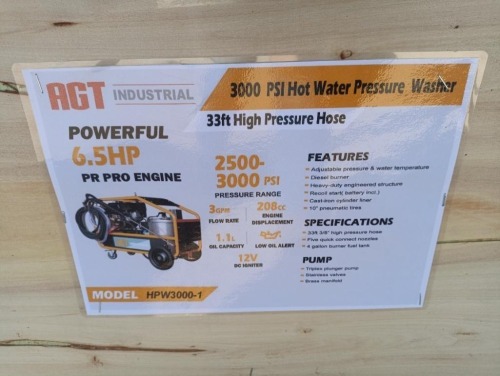 Unused 2024 AGT HPW3000-1 Hot Water Pressure Washer