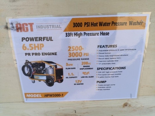 Unused 2024 AGT HPW3000-1 Hot Water Pressure Washer