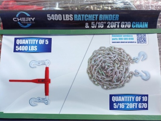 (5) Unused Chery Ratchet Binders and (10) 5/16'' 20ft Chains