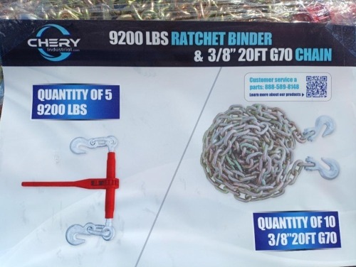 (5) Unused Chery Ratchet Binders and (10) 3/8'' 20ft Chains