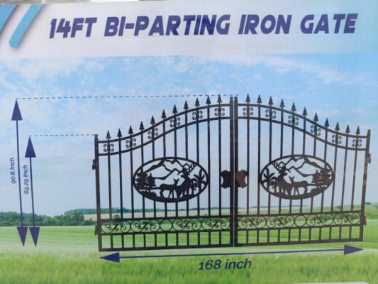 (3 Sets) Unused 14ft Bi-Parting Iron Gate with ''DEER '' Artwork in the Middle Gate Frame