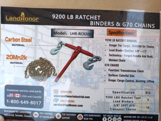 (5) Unused Landhonor Ratchet Binders and (10) 3/8'' 20ft Chains