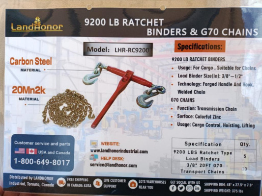 (5) Unused Landhonor Ratchet Binders and (10) 3/8'' 20ft Chains