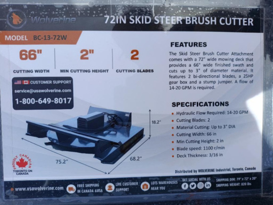 Unused Wolverine BC-13-72W Skid Steer Brush Cutter