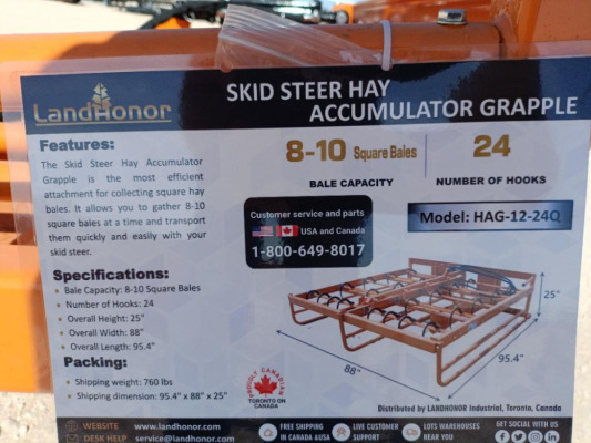 Unused Landhonor HAG-12-24Q Skid Steer Accumulator Grapple