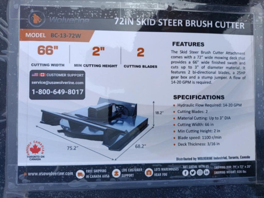 Unused Wolverine BC-13-72W Skid Steer Brush Cutter
