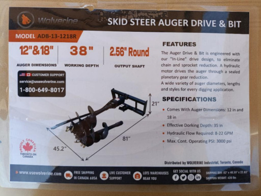 Unused Wolverine ADB-13-1218R Skid Steer Auger Drive w/(2) Auger Bits
