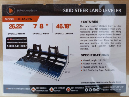 Unused Wolverine LL-12-78W Skid Steer Land Leveler
