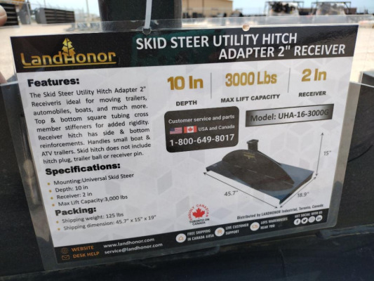 Unused Landhonor UHA-16-3000G Skid Steer Utility Hitch Adapter