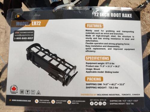 Wolverine LR72 72" Skid Steer Root Rake
