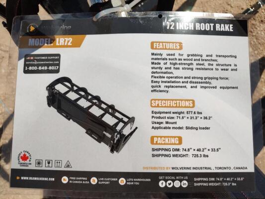 Wolverine LR72 72" Skid Steer Root Rake