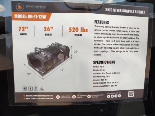 Wolverine GB-11-72W 72" Skid Steer Grapple Bucket