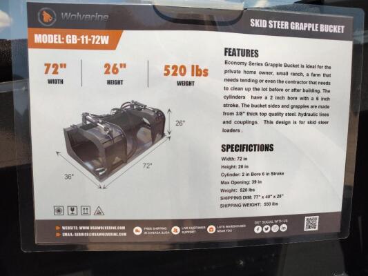 Wolverine GB-11-72W 72" Skid Steer Grapple Bucket