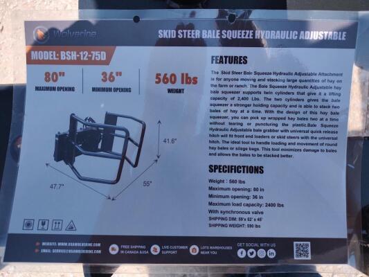 Wolverine BSH-12-75D Skid Steer Hydraulic Adjustable Bale Squeeze