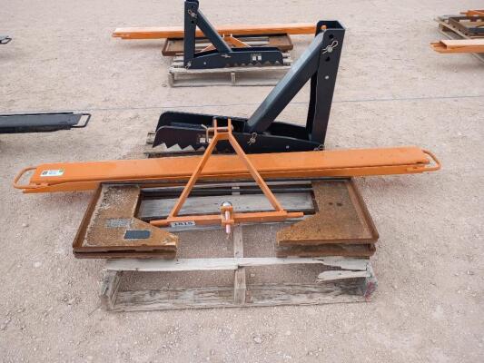 (2) Formed Skid Steer Cut Out Frames/ Wolverine Quick Coupler 3-Point Hitch Attachment/ (1 Set) 76'' Fork Extensions/ Wolverine Manual Thumb Attachment