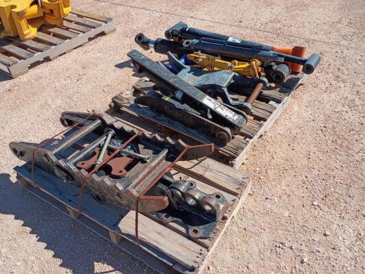 Pallet of Misc Thumb Attachments & Misc Hydraulic Cylinders