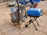 Pallet of Miscellaneous items/ charcoal grill/Forklift Propane Tank