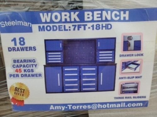 Unused Steelman 7ft Work Bench with 18 Drawers