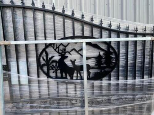 Unused Greatbear 20 Ft Bi-Parting Wrought Iron Gate with "DEER" Artwork.