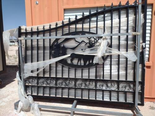 UNUSED GREATBEAR 20 FT BI-PARTING WROUGHT IRON GATE WITH DEER ARTWORK