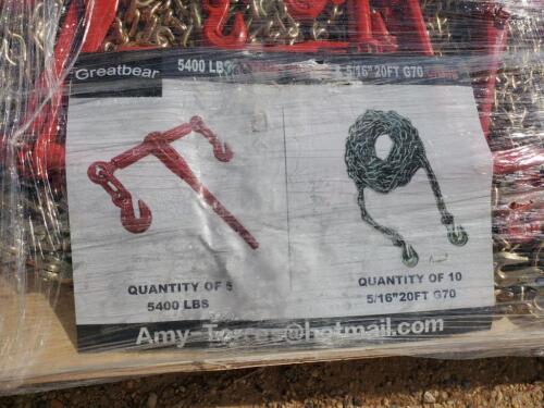 Unused Greabear (5) Ratchet Binders and (10) 5/16'' 20ft Chains