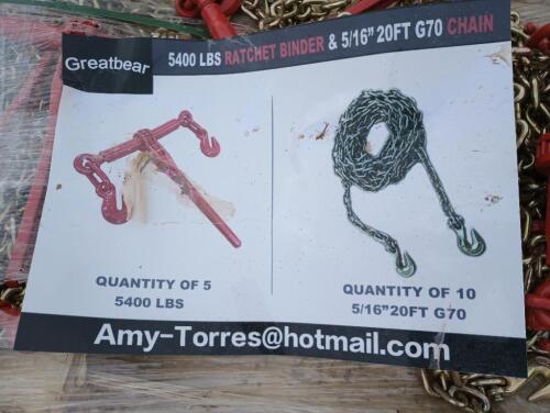 (5) Unused Greatbear Ratchet Binders & (10) 5/16" 20Ft Chains