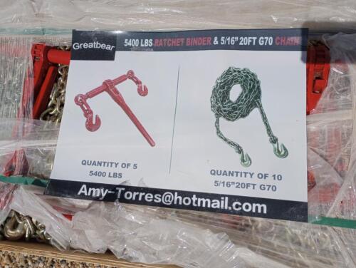 Unused Greabear (5) Ratchet Binders and (10) 5/16'' 20ft Chains