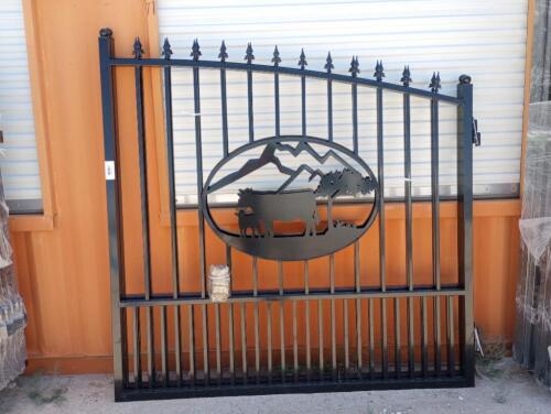 Unused Greatbear 14ft Iron Gate with artwork '' Cow&Calf '' in the Middle Gate Frame